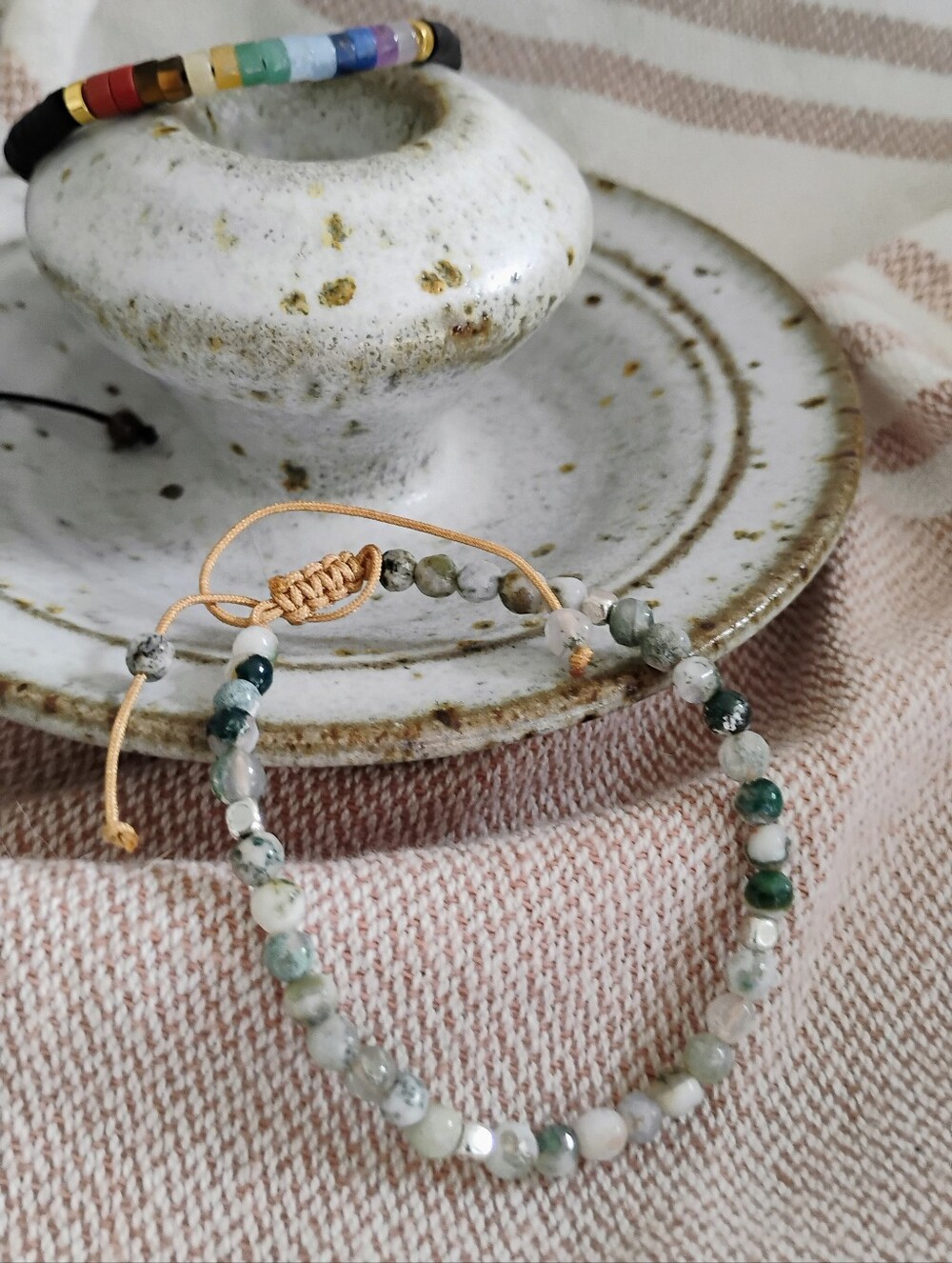 Bracelet, Boho Stone Adjustable Stacking Bracelet, Green Cream